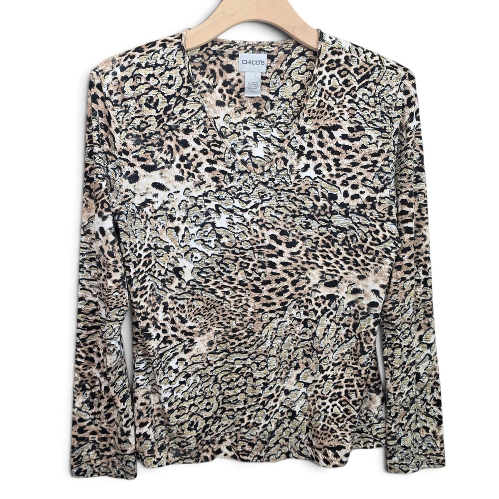Chicos Womens Top Size 1 Medium 8 Leopard Animal Print V Neck Long Sleeve Stretc